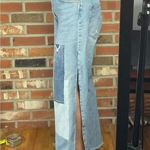 High-Rise Patchwork Side-Slit Jeans — Light Blue Denim